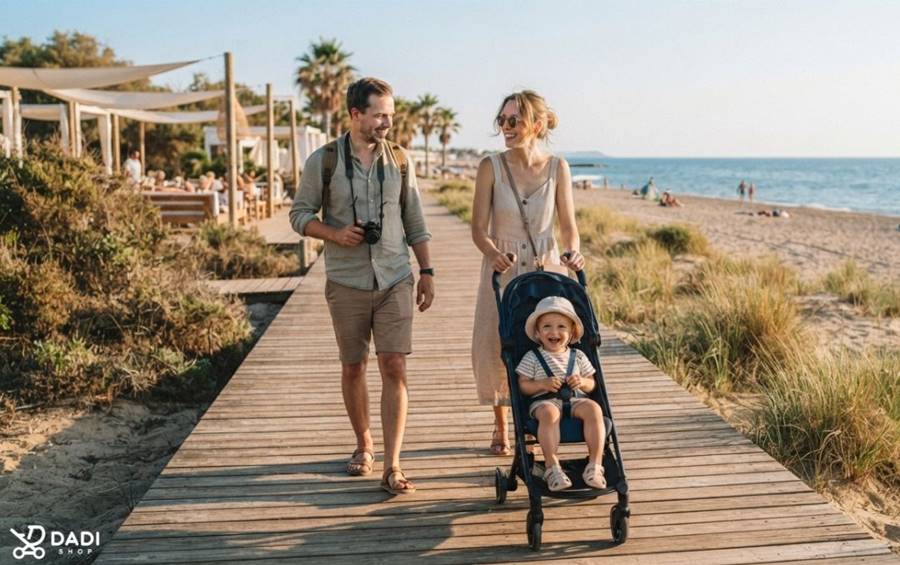 Rodzice spacerują z dzieckiem w wózku spacerowym promenadą nad morzem podczas wakacji.